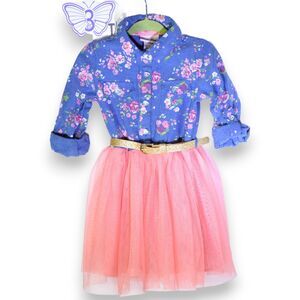3T Sparkly Tulle and Floral Jean Dress, Belted Dress, Little Lass